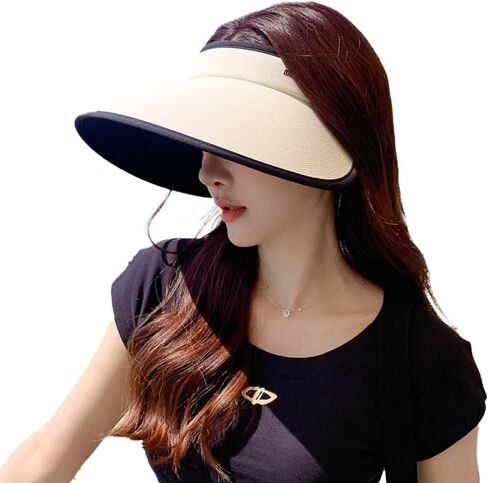 Women's Sun Visor Hats UV Protection Wide Brim Beach Sun Hat Fodable Adjustable Cap Ponytail Summer Travel Hat in Kuwait