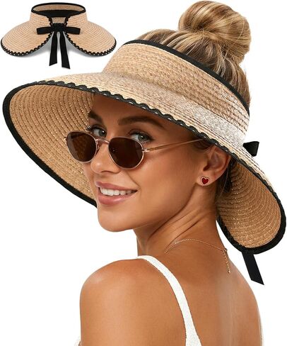 Babalet Women's Raffia Sun Visor Hat, Packable Wide Brim Beach Visor Ponytail Hat UV Straw Sun Hat Travel Cap in Saudi Arabia