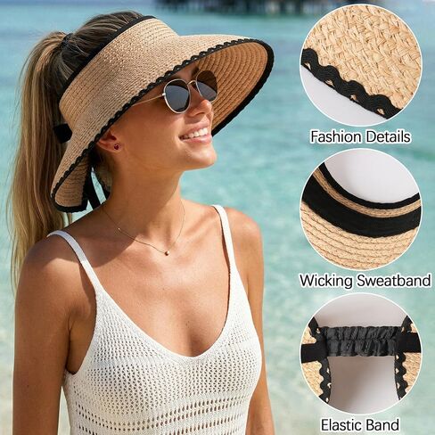 Babalet Women's Raffia Sun Visor Hat, Packable Wide Brim Beach Visor Ponytail Hat UV Straw Sun Hat Travel Cap in Saudi Arabia