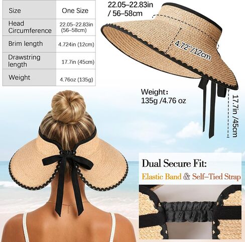 Babalet Women's Raffia Sun Visor Hat, Packable Wide Brim Beach Visor Ponytail Hat UV Straw Sun Hat Travel Cap in Saudi Arabia