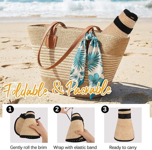 Babalet Women's Raffia Sun Visor Hat, Packable Wide Brim Beach Visor Ponytail Hat UV Straw Sun Hat Travel Cap in Saudi Arabia