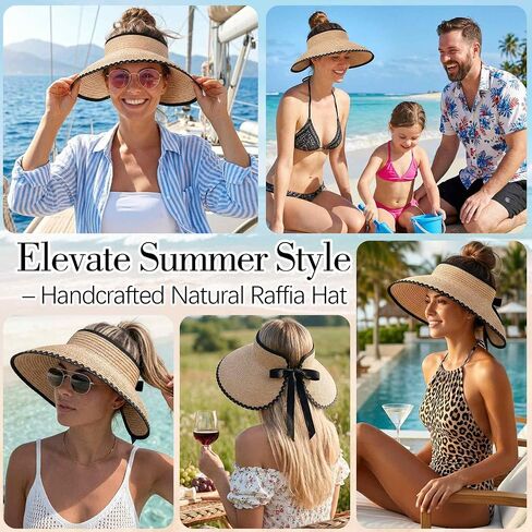Babalet Women's Raffia Sun Visor Hat, Packable Wide Brim Beach Visor Ponytail Hat UV Straw Sun Hat Travel Cap in Saudi Arabia