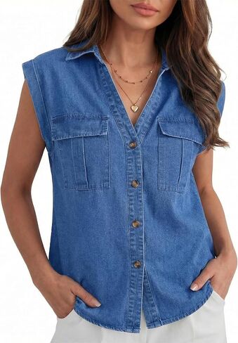 POTILI Women's Sleeveless Denim Shirts, Button Down V Neck Jean Cap Blouse Top Trendy Casual in Saudi Arabia
