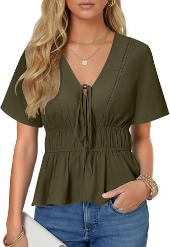 LYANER Women's Deep V Neck Tie Knot Ruffle Ruched Short Sleeve Sexy Blouse Top in Kuwait