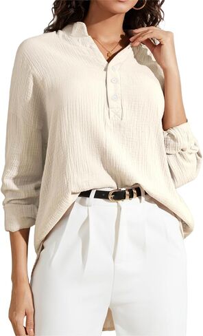 Button V Neck Shirts for Women Causal Long Sleeve Oversized Loose Fit Solid Lightweight Gauze Blouse Tops in Saudi Arabia