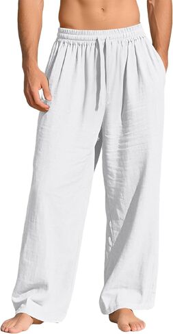 Men's Casual Linen Beach Pants Summer Lightweight Yoga Pant Elastic Waist Drawstring Pants in Saudi Arabia