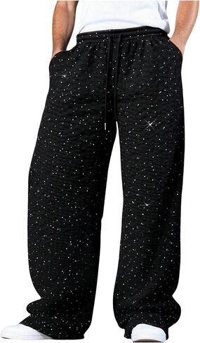 RoseSeek Men's Textured Rhinestone Pants Drawstring Waisted Wide Leg Trousers Streetwear Pants in Kuwait