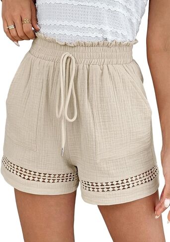 Shorts for Women Trendy Summer Cotton Shorts Pockets Boho Lace Trim in Kuwait