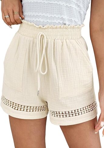 Shorts for Women Trendy Summer Cotton Shorts Pockets Boho Lace Trim in Kuwait