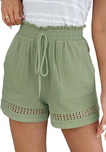 Shorts for Women Trendy Summer Cotton Shorts Pockets Boho Lace Trim in Kuwait