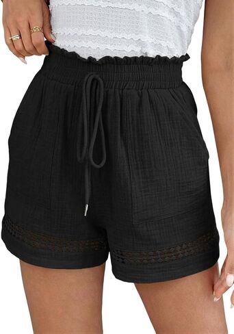Shorts for Women Trendy Summer Cotton Shorts Pockets Boho Lace Trim in Kuwait