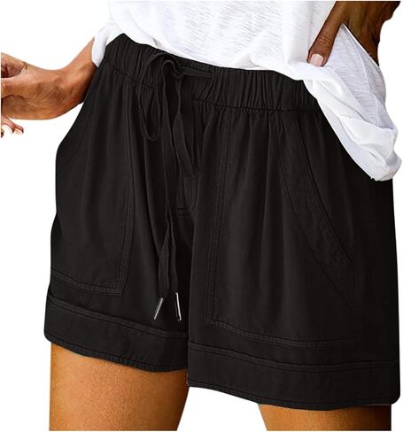 Shorts for Women Summer Plus Size Casual Drawstring Elastic Waist Lounge Wear with Pockets Beach Vacation Clothes in Saudi Arabia