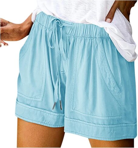 Shorts for Women Summer Plus Size Casual Drawstring Elastic Waist Lounge Wear with Pockets Beach Vacation Clothes in Saudi Arabia