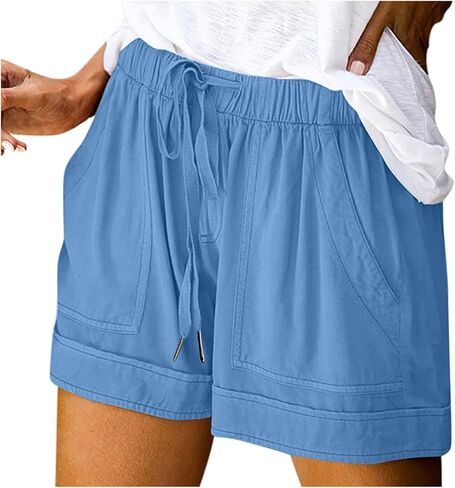 Shorts for Women Summer Plus Size Casual Drawstring Elastic Waist Lounge Wear with Pockets Beach Vacation Clothes in Saudi Arabia