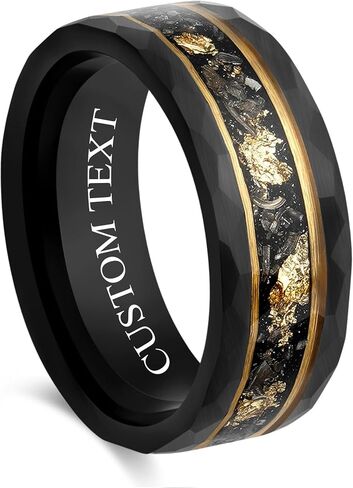 Custom Engraved Men's Wedding Ring Black Hammered Tungsten Meteorite & Gold Leaf Foil Inlay, Personalized Wooden Ring Box - 8mm Comfort Fit in Saudi Arabia