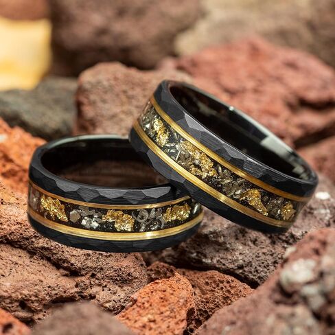 Custom Engraved Men's Wedding Ring Black Hammered Tungsten Meteorite & Gold Leaf Foil Inlay, Personalized Wooden Ring Box - 8mm Comfort Fit in Saudi Arabia