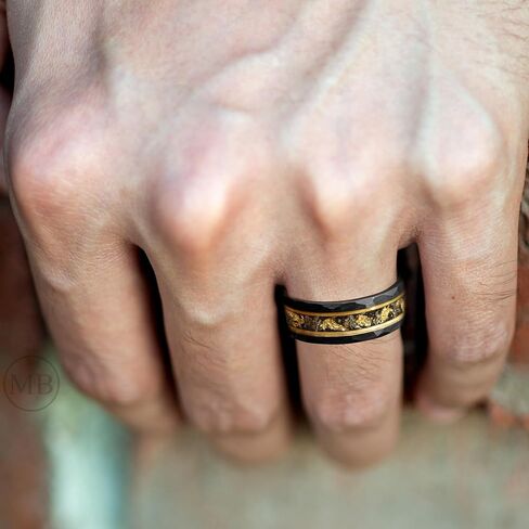 Custom Engraved Men's Wedding Ring Black Hammered Tungsten Meteorite & Gold Leaf Foil Inlay, Personalized Wooden Ring Box - 8mm Comfort Fit in Saudi Arabia