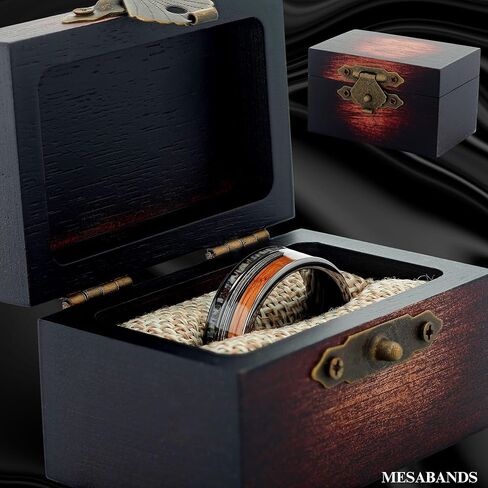 Custom Engraved Men's Wedding Ring Black Hammered Tungsten Meteorite & Gold Leaf Foil Inlay, Personalized Wooden Ring Box - 8mm Comfort Fit in Saudi Arabia