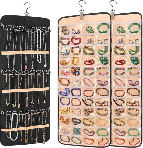 2 Pack Double Sided Hanging Jewelry Organizer, 48 Clear Pockets & 21 Necklace Hooks, Large Jewelry Storage for Earrings, Rings, Bracelets, Necklaces, Black & Beige in Saudi Arabia