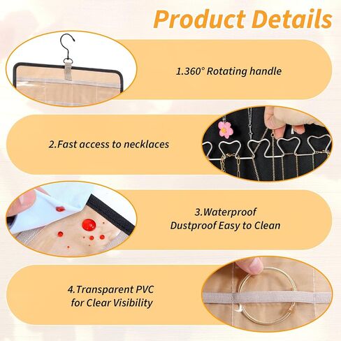 2 Pack Double Sided Hanging Jewelry Organizer, 48 Clear Pockets & 21 Necklace Hooks, Large Jewelry Storage for Earrings, Rings, Bracelets, Necklaces, Black & Beige in Saudi Arabia