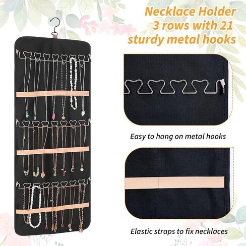 2 Pack Double Sided Hanging Jewelry Organizer, 48 Clear Pockets & 21 Necklace Hooks, Large Jewelry Storage for Earrings, Rings, Bracelets, Necklaces, Black & Beige in Saudi Arabia