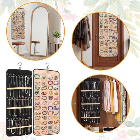 2 Pack Double Sided Hanging Jewelry Organizer, 48 Clear Pockets & 21 Necklace Hooks, Large Jewelry Storage for Earrings, Rings, Bracelets, Necklaces, Black & Beige in Saudi Arabia