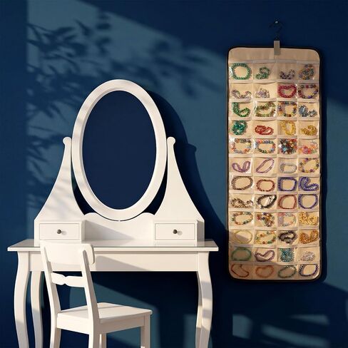 2 Pack Double Sided Hanging Jewelry Organizer, 48 Clear Pockets & 21 Necklace Hooks, Large Jewelry Storage for Earrings, Rings, Bracelets, Necklaces, Black & Beige in Saudi Arabia