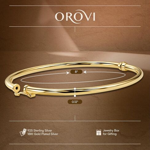 Orovi Sterling Silver Bangle Bracelet for Women, 18K Gold Plated 925 Sterling Silver, Twisted Design, 7.67Inches, Safety Clasp, Made in Italy, Delivered in Jewellery Box in Saudi Arabia