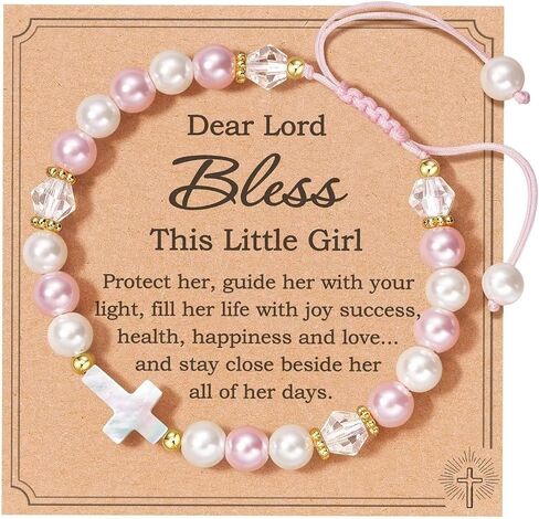 GAUEIOUR Pink White Pearl Bracelet, Women Adjustable Cross Beaded Holy First Communion Baptism Jewelry Gifts, Birthday Easter Religious Christian Jewelry in Saudi Arabia