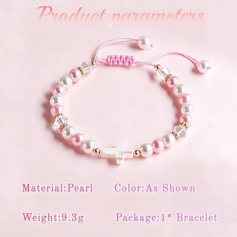 GAUEIOUR Pink White Pearl Bracelet, Women Adjustable Cross Beaded Holy First Communion Baptism Jewelry Gifts, Birthday Easter Religious Christian Jewelry in Saudi Arabia
