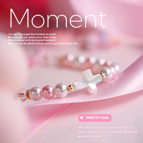 GAUEIOUR Pink White Pearl Bracelet, Women Adjustable Cross Beaded Holy First Communion Baptism Jewelry Gifts, Birthday Easter Religious Christian Jewelry in Saudi Arabia