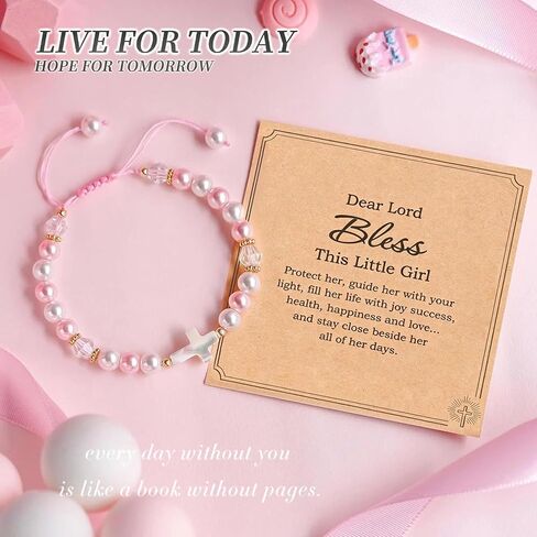 GAUEIOUR Pink White Pearl Bracelet, Women Adjustable Cross Beaded Holy First Communion Baptism Jewelry Gifts, Birthday Easter Religious Christian Jewelry in Saudi Arabia