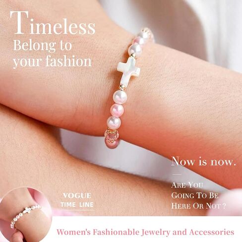 GAUEIOUR Pink White Pearl Bracelet, Women Adjustable Cross Beaded Holy First Communion Baptism Jewelry Gifts, Birthday Easter Religious Christian Jewelry in Saudi Arabia