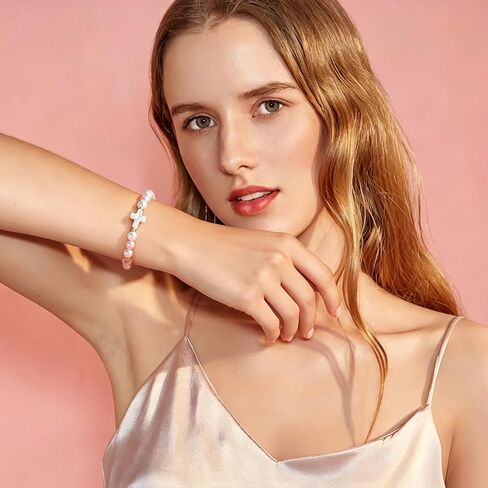 GAUEIOUR Pink White Pearl Bracelet, Women Adjustable Cross Beaded Holy First Communion Baptism Jewelry Gifts, Birthday Easter Religious Christian Jewelry in Saudi Arabia