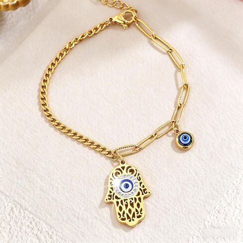 Hamsa Evil Eye Bracelet Women Gold Stainless Steel Curb Paperclip Layered Bracelet in Kuwait