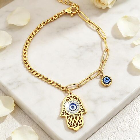 Hamsa Evil Eye Bracelet Women Gold Stainless Steel Curb Paperclip Layered Bracelet in Kuwait