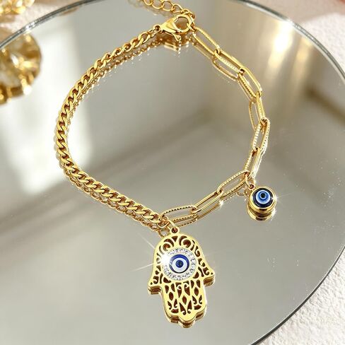 Hamsa Evil Eye Bracelet Women Gold Stainless Steel Curb Paperclip Layered Bracelet in Kuwait
