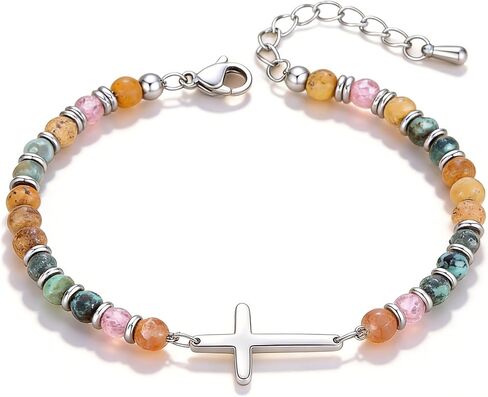 21st Birthday Gifts for Women, Christian Cross Beaded Bracelet with Natural Multicolor Semi Precious Stones, Inspirational Jewelry with Birthday Card for 21 Year Old Daughter, Friend in Kuwait