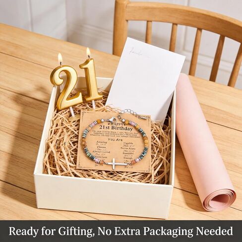 21st Birthday Gifts for Women, Christian Cross Beaded Bracelet with Natural Multicolor Semi Precious Stones, Inspirational Jewelry with Birthday Card for 21 Year Old Daughter, Friend in Kuwait