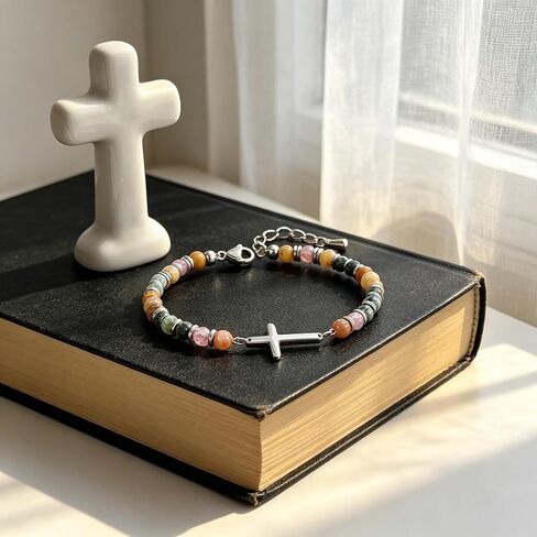 21st Birthday Gifts for Women, Christian Cross Beaded Bracelet with Natural Multicolor Semi Precious Stones, Inspirational Jewelry with Birthday Card for 21 Year Old Daughter, Friend in Kuwait