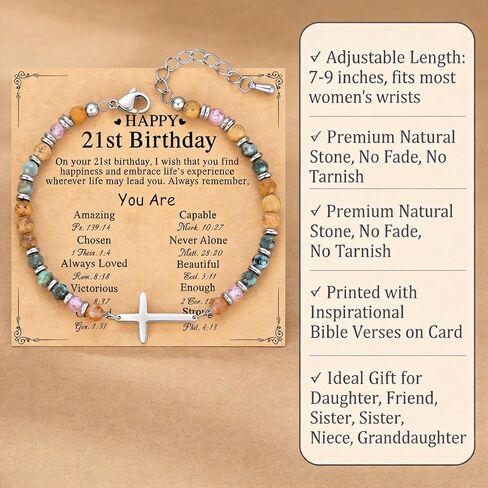 21st Birthday Gifts for Women, Christian Cross Beaded Bracelet with Natural Multicolor Semi Precious Stones, Inspirational Jewelry with Birthday Card for 21 Year Old Daughter, Friend in Kuwait