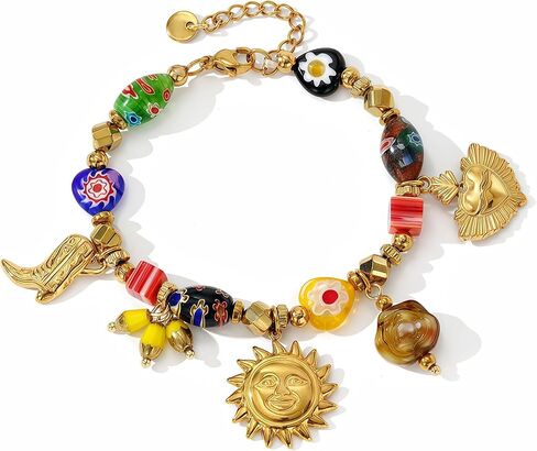 Multicolor Beaded Bracelets for Women, Colorful Millefiori Glass & Natural Stone Bracelet, 14K Gold Plated Stainless Steel Waterproof, Boho Chunky Bracelet Jewelry in Saudi Arabia