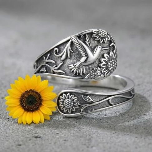 Vintage Hummingbird Spoon Ring Adjustable Silver Color Band with Floral Engraved Detail Nature Inspired Finger Accessory in Kuwait