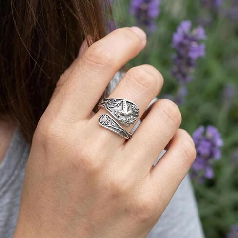 Vintage Hummingbird Spoon Ring Adjustable Silver Color Band with Floral Engraved Detail Nature Inspired Finger Accessory in Kuwait