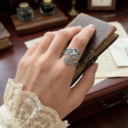 Vintage Hummingbird Spoon Ring Adjustable Silver Color Band with Floral Engraved Detail Nature Inspired Finger Accessory in Kuwait