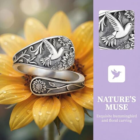 Vintage Hummingbird Spoon Ring Adjustable Silver Color Band with Floral Engraved Detail Nature Inspired Finger Accessory in Kuwait