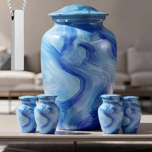Set of 6 Cremation Urns for Human Ashes Includes 1 Large Urn with 4 Small Keepsakes & 1 Silver Necklace - Sky Blue Marble in Saudi Arabia
