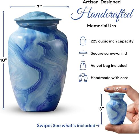 Set of 6 Cremation Urns for Human Ashes Includes 1 Large Urn with 4 Small Keepsakes & 1 Silver Necklace - Sky Blue Marble in Saudi Arabia
