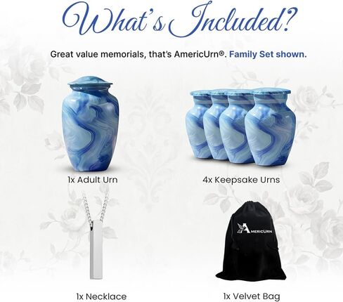 Set of 6 Cremation Urns for Human Ashes Includes 1 Large Urn with 4 Small Keepsakes & 1 Silver Necklace - Sky Blue Marble in Saudi Arabia