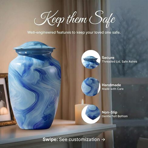 Set of 6 Cremation Urns for Human Ashes Includes 1 Large Urn with 4 Small Keepsakes & 1 Silver Necklace - Sky Blue Marble in Saudi Arabia